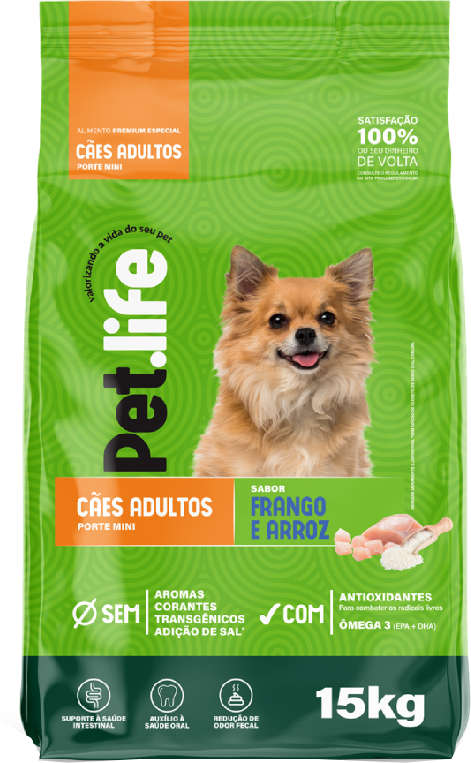 Ração Seca Pet.life Frango e Arroz para Cães Adultos Porte Mini - 15Kg