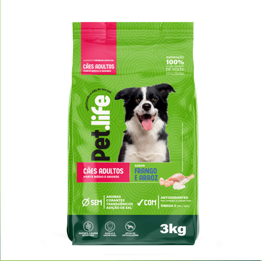Ração Seca Pet.life Frango e Arroz para Cães Adultos Porte Médio e Grande - 3Kg