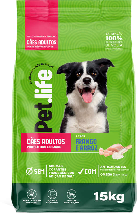 Ração Seca Pet.life Frango e Arroz para Cães Adultos Porte Médio e Grande - 15Kg