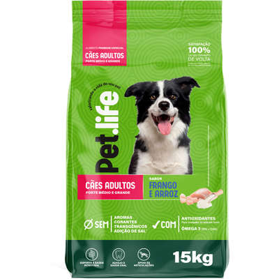 Ração Seca Pet.life Frango e Arroz para Cães Adultos Porte Médio e Grande