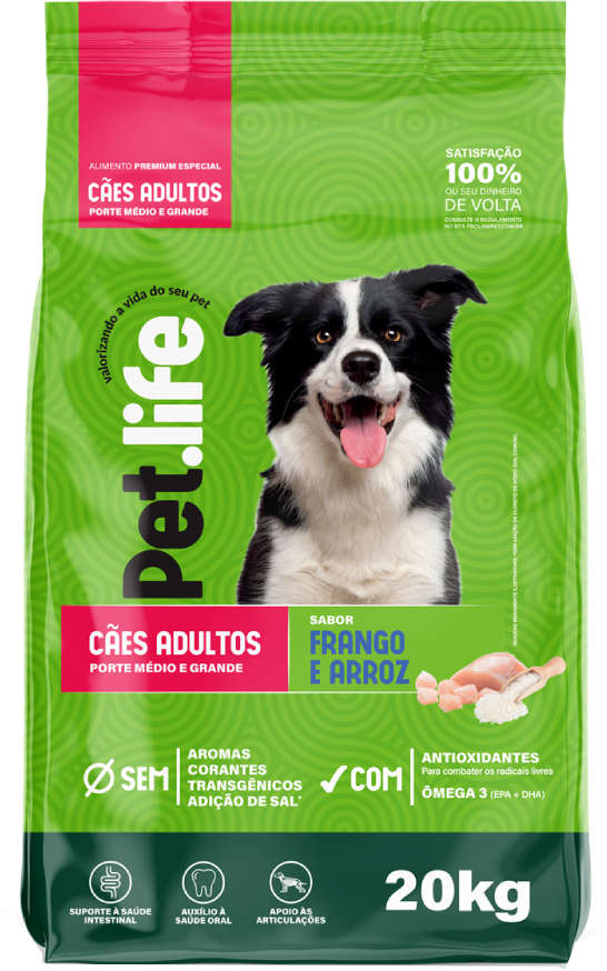 Ração Seca Pet.life Frango e Arroz para Cães Adultos Porte Médio e Grande - 20Kg