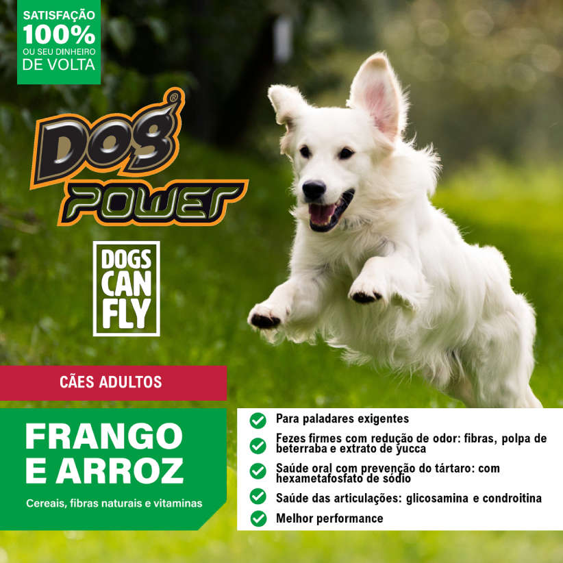 Ração Seca Dog Power Dogs Can Fly Frango e Arroz para Cães Adultos - 20Kg