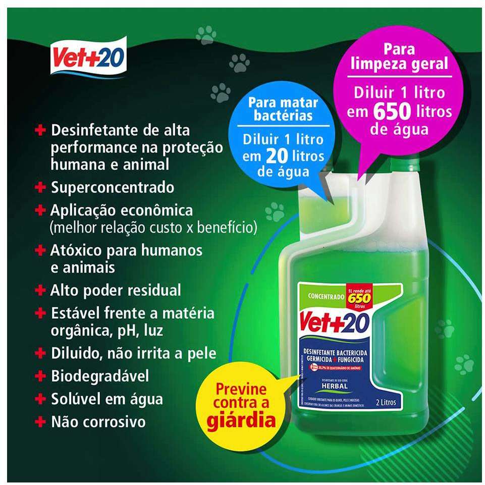 Desinfetante Vet+20 Bactericida Herbal - 2 Litros