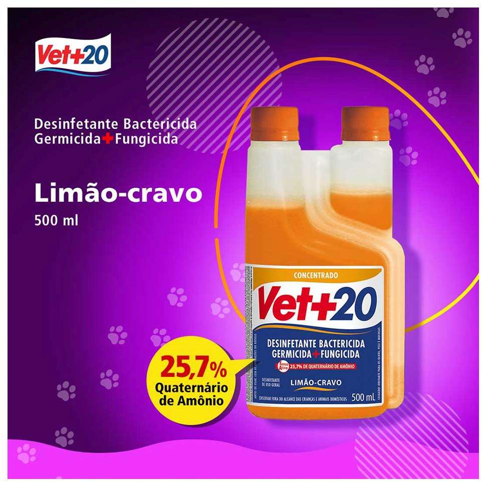Desinfetante Vet+20 Bactericida Limão e Cravo - 500 mL