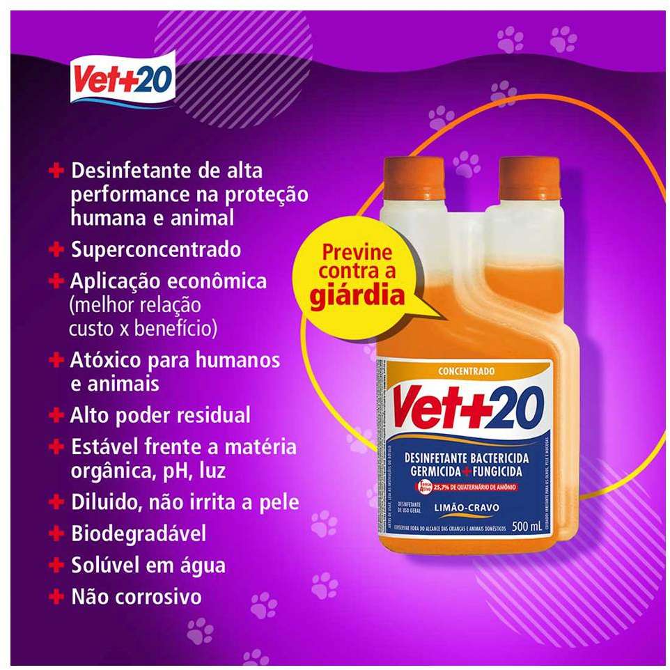Desinfetante Vet+20 Bactericida Limão e Cravo - 500 mL