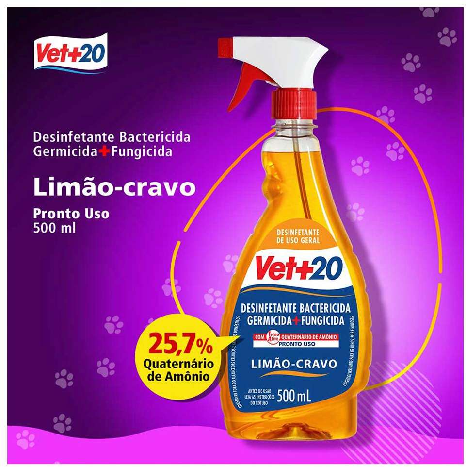 Desinfetante Vet + 20 Concentrado Limão e Cravo Pronto Uso para Cães e Gatos - 500 mL