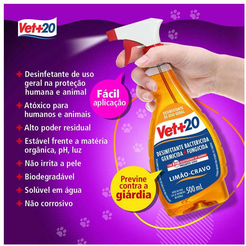 Desinfetante Vet + 20 Concentrado Limão e Cravo Pronto Uso para Cães e Gatos - 500 mL