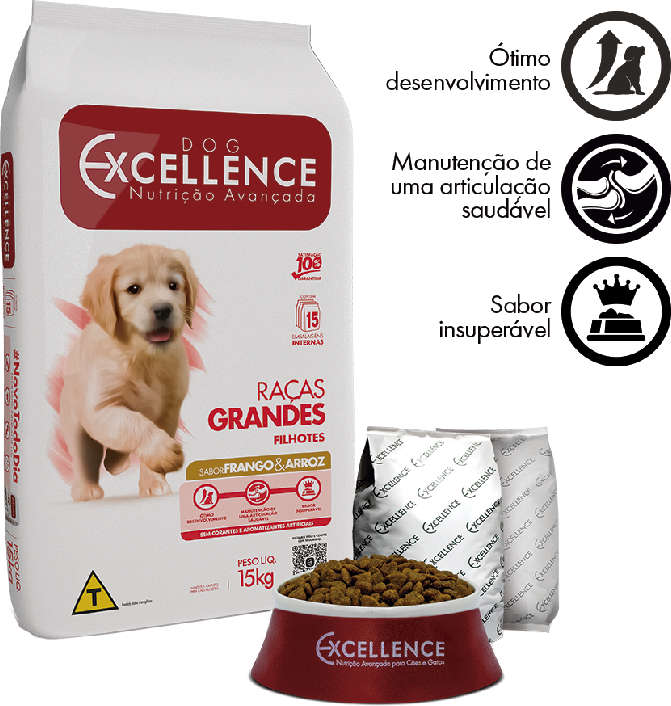 Ração Seca Dog Excellence Frango e Arroz para Cães Filhote Raças Grandes - 15Kg