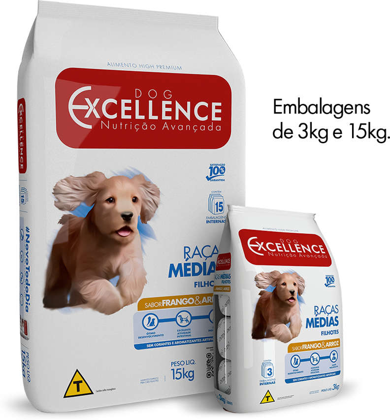 Ração Seca Dog Excellence Frango e Arroz para Cães Filhotes Raças Médias - 3Kg