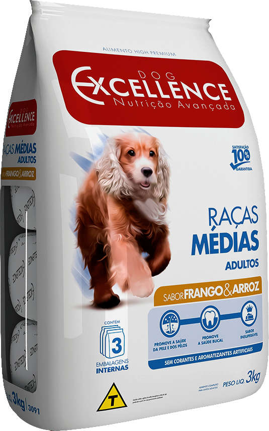 Ração Seca Dog Excellence Frango e Arroz para Cães Adultos Raças Médias - 3Kg