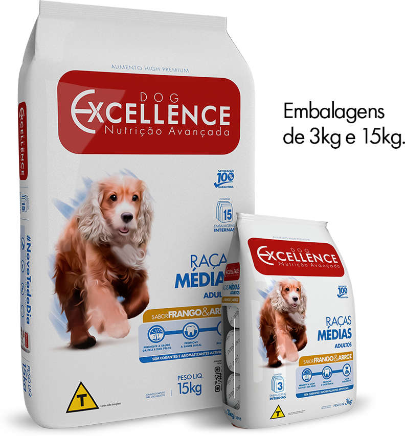 Ração Seca Dog Excellence Frango e Arroz para Cães Adultos Raças Médias - 3Kg