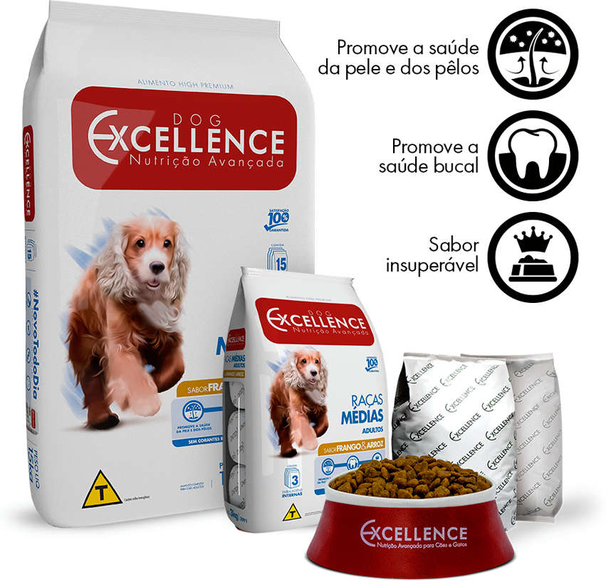 Ração Seca Dog Excellence Frango e Arroz para Cães Adultos Raças Médias - 15Kg