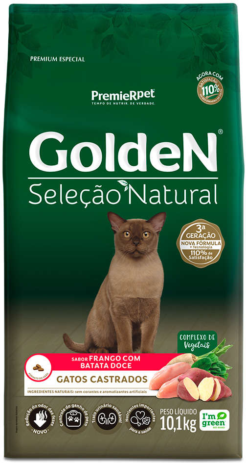 Ração Seca GoldeN Seleção Natural Frango com Batata Doce para Gatos Castrados - 10,1Kg