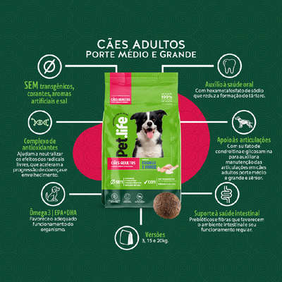 Ração Seca Pet.life Frango e Arroz para Cães Adultos Porte Médio e Grande