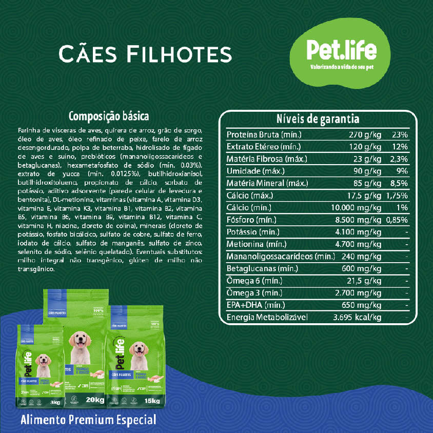 Ração Seca Pet.life Frango e Arroz para Cães Filhotes - 20Kg