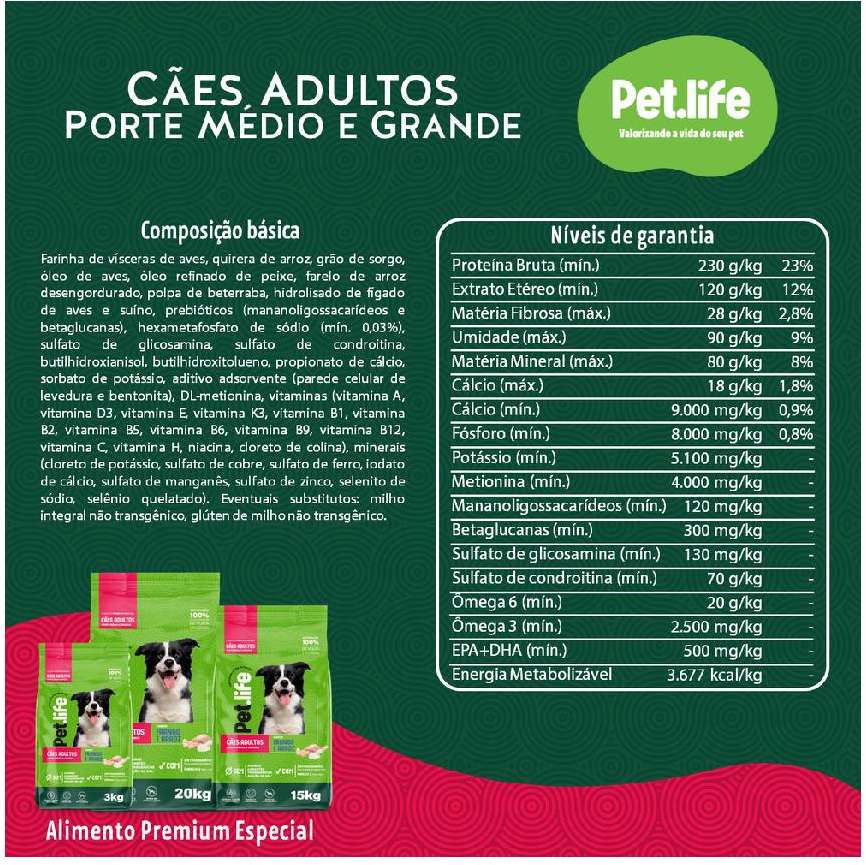 Ração Seca Pet.life Frango e Arroz para Cães Adultos Porte Médio e Grande - 20Kg