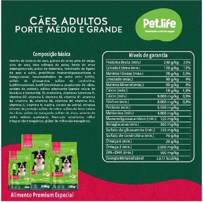 Ração Seca Pet.life Frango e Arroz para Cães Adultos Porte Médio e Grande