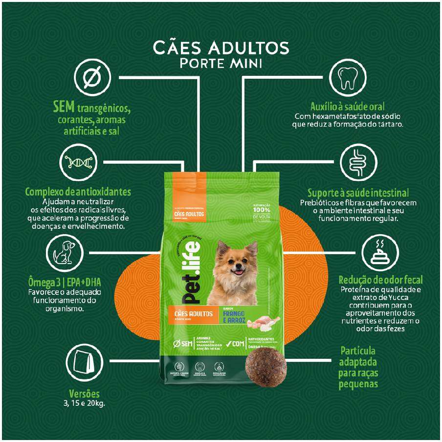 Ração Seca Pet.life Frango e Arroz para Cães Adultos Porte Mini - 15Kg