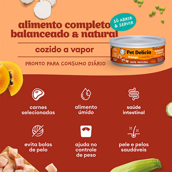 Ração Úmida Pet Delícia Natural Frango com Mamão Saúde Intestinal - 110 g