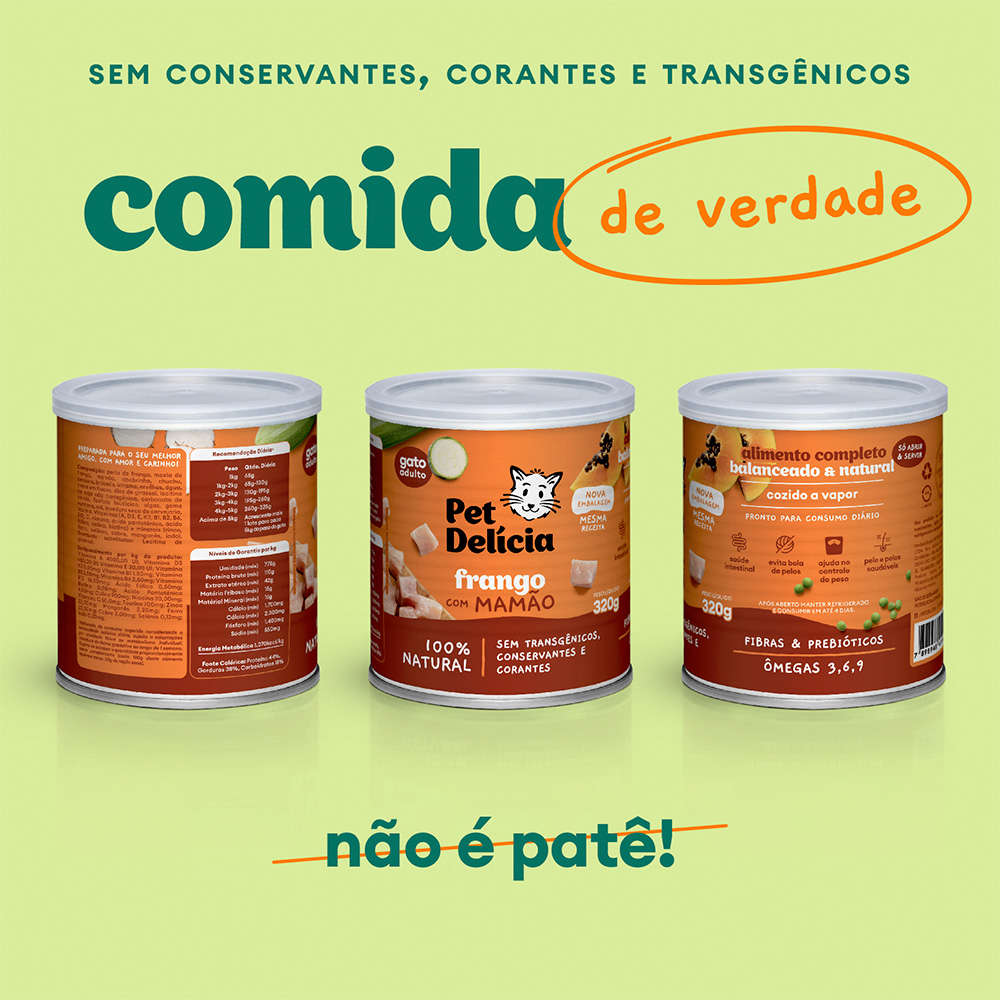 Ração Úmida Pet Delícia Natural Frango com Mamão Saúde Intestinal - 320 g