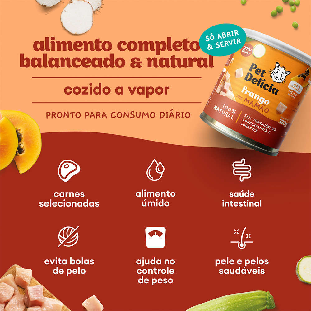 Ração Úmida Pet Delícia Natural Frango com Mamão Saúde Intestinal - 320 g