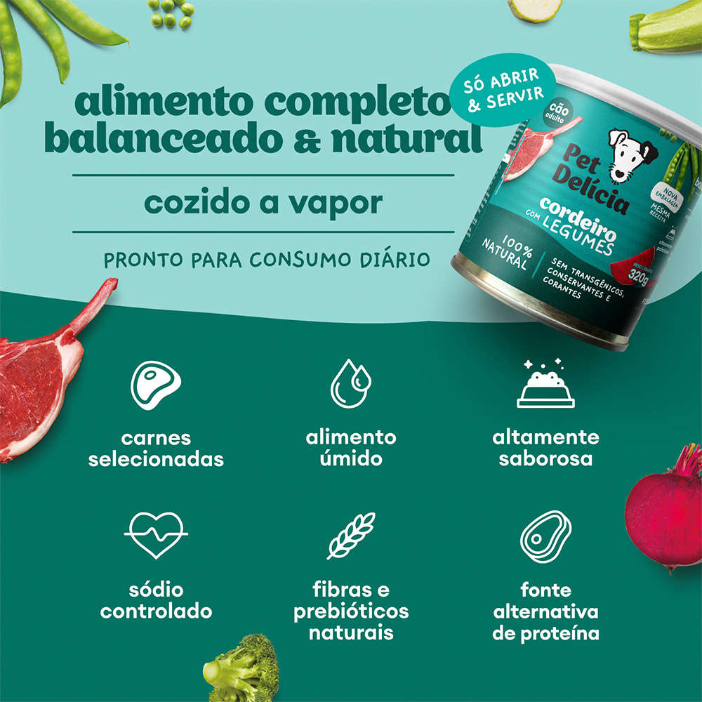 Ração Úmida Pet Delícia Cordeiro com Legumes para Cães Adultos - 320 g