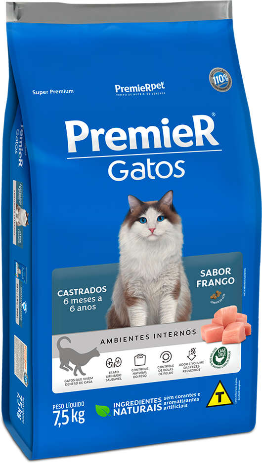 Ração Seca Premier Pet Ambientes Internos Frango 6 Meses a 6 Anos para Gatos Castrados- 7,5Kg
