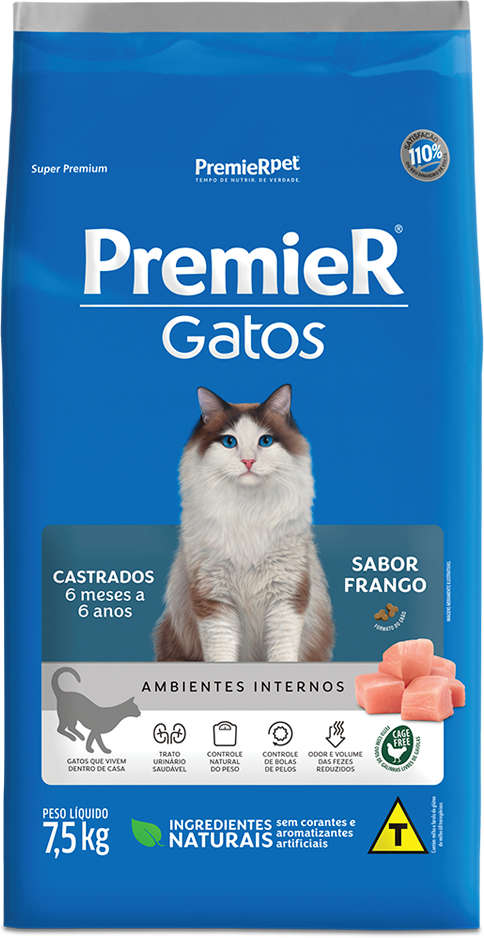 Ração Seca Premier Pet Ambientes Internos Frango 6 Meses a 6 Anos para Gatos Castrados- 7,5Kg