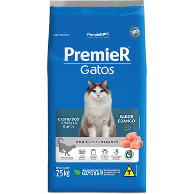 Ração Seca Premier Pet Ambientes Internos Frango 6 Meses a 6 Anos para Gatos Castrados