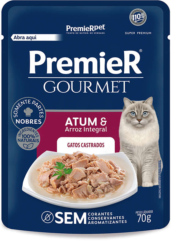 Ração Úmida Premier Gourmet Atum e Arroz Integral para Gatos Castrados - 70 g