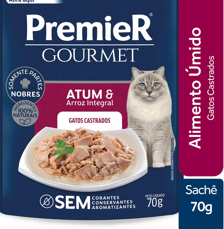 Ração Úmida Premier Gourmet Atum e Arroz Integral para Gatos Castrados - 70 g