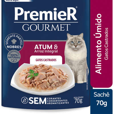Ração Úmida Premier Gourmet Atum e Arroz Integral para Gatos Castrados
