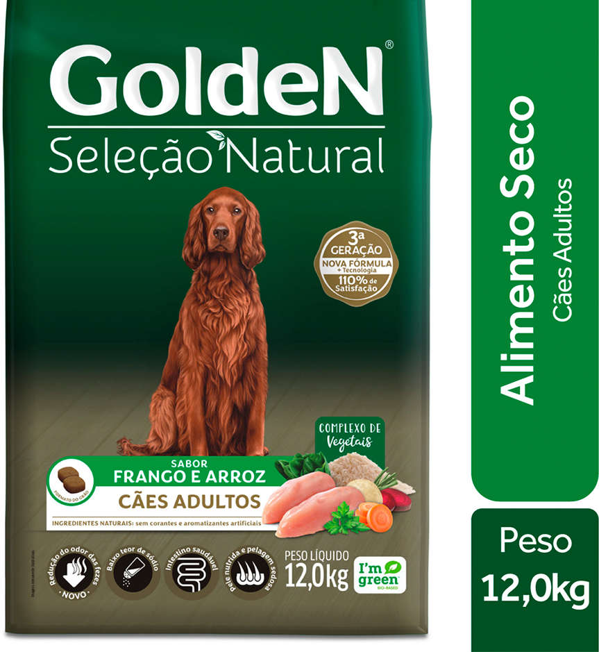 Ração Seca Golden Seleção Natural para Cães Adultos sabor Frango e Arroz - 12Kg