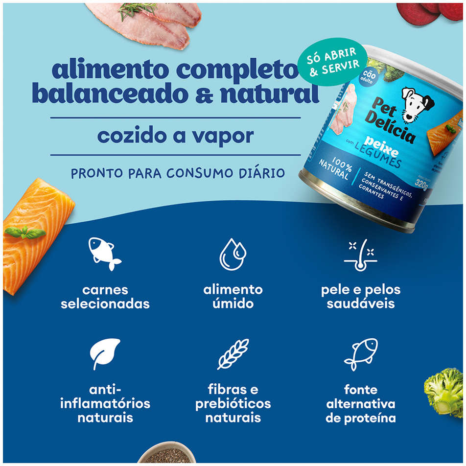 Ração Úmida Pet Delícia Natural Proteína Alternativa Peixe com Legumes para Cães - 320g