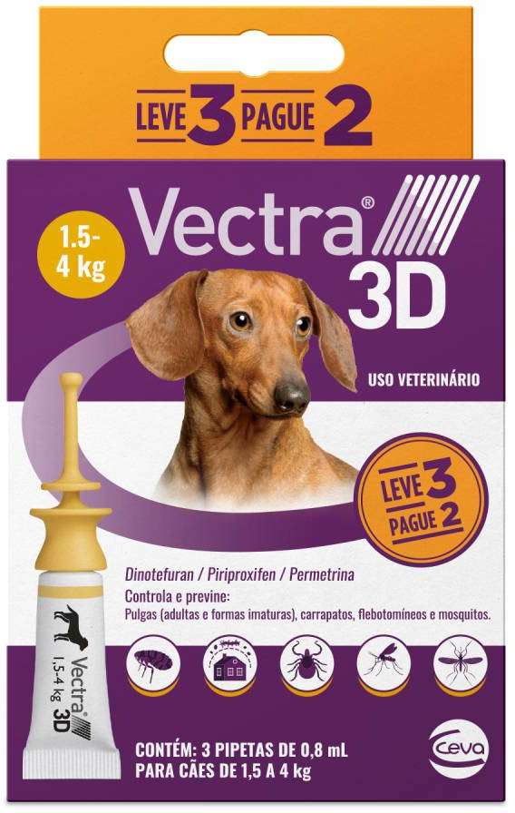 Antipulgas e Carrapatos Vectra 3D 43,6 mg para Cães de 1,5 a 4Kg - 3 Pipetas