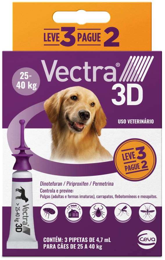 Antipulgas e Carrapatos Vectra 3D 256 mg para Cães de 25 a 40Kg - 3 Pipetas