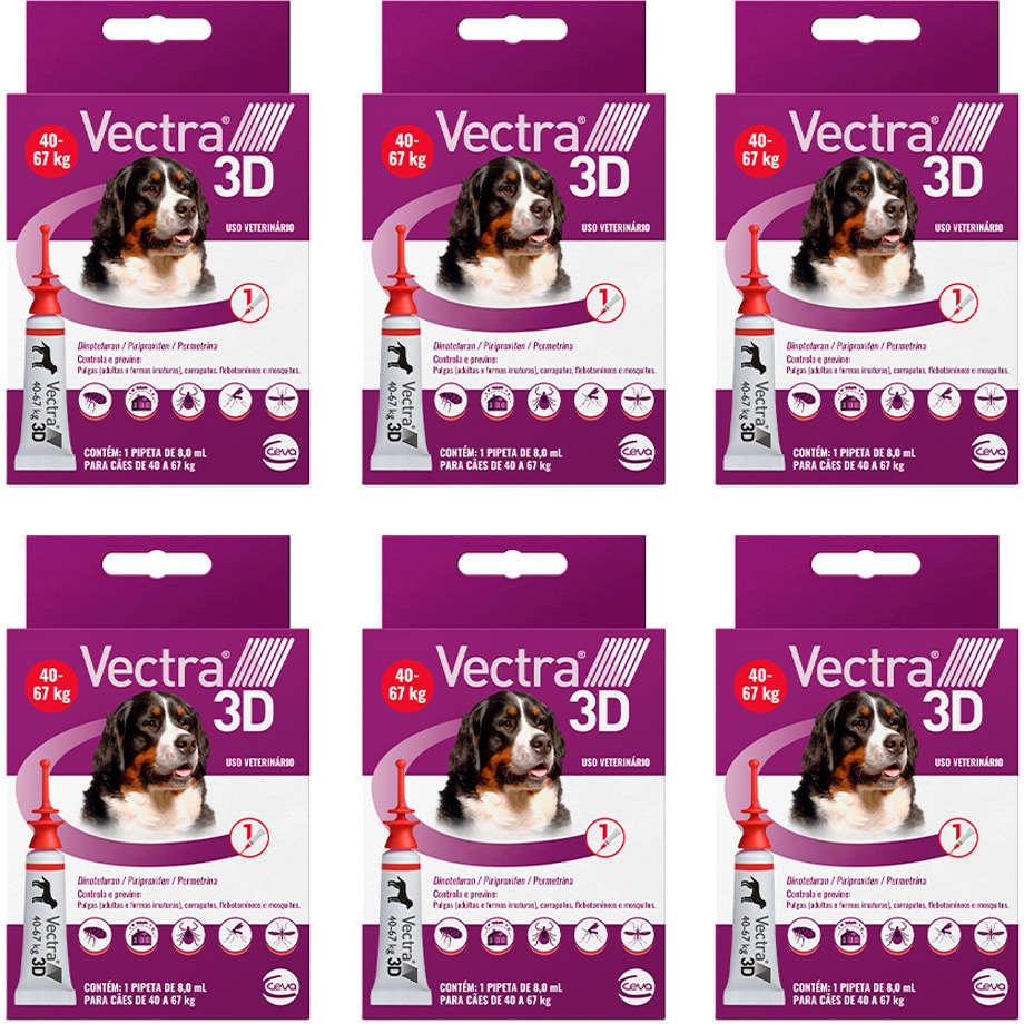 Kit Antipulgas e Carrapatos Ceva Vectra 3D para Cães de 40 a 67Kg 8 mL - 6 Caixas (6 Pipetas)