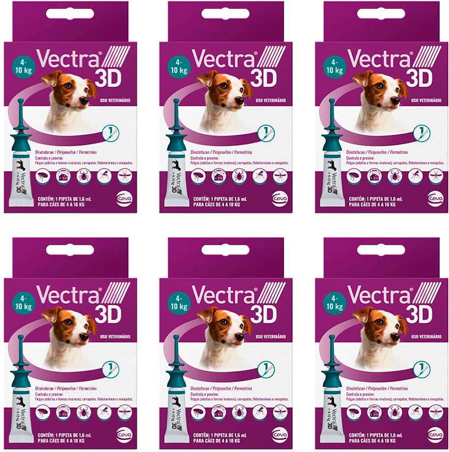 Kit Antipulgas e Carrapatos Ceva Vectra 3D para Cães de 4 a 10Kg 1,6 mL - 6 Caixas (6 Pipetas)