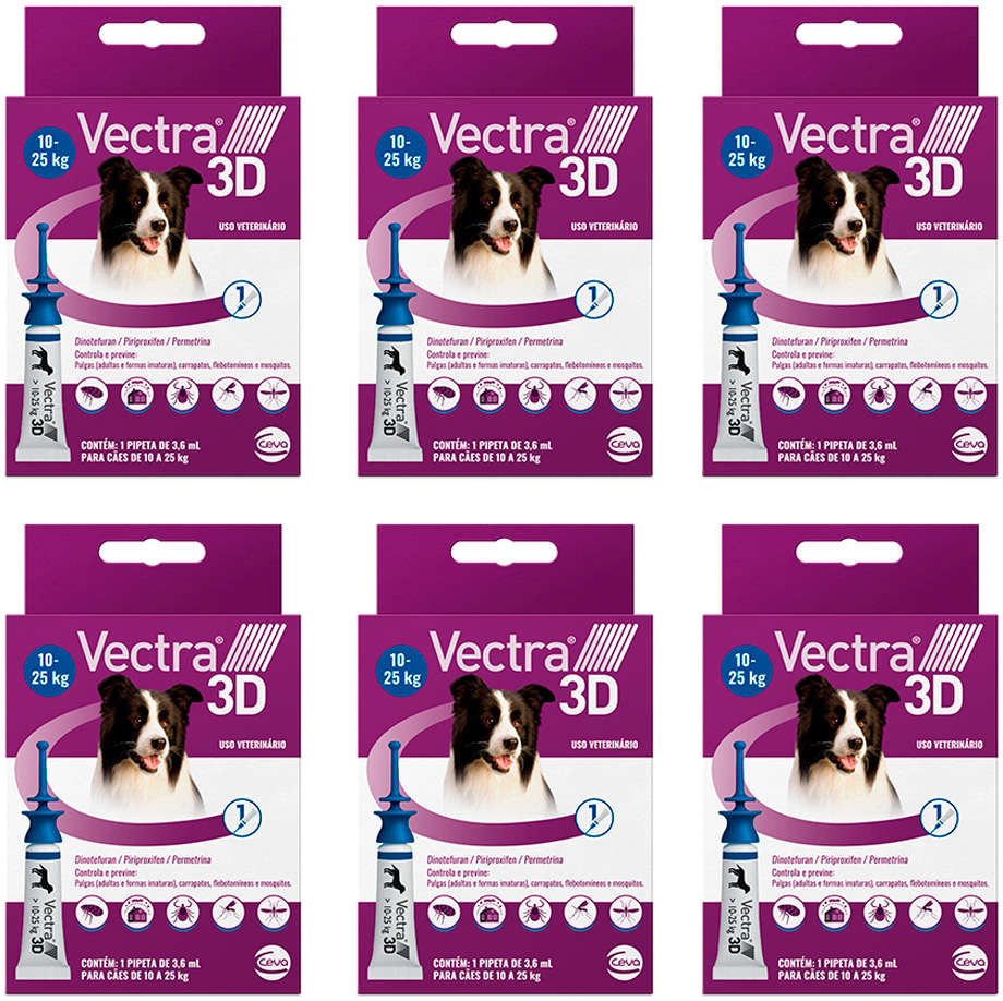 Kit Antipulgas e Carrapatos Ceva Vectra 3D para Cães de 10 a 25Kg 3,6 mL - 6 Unidades