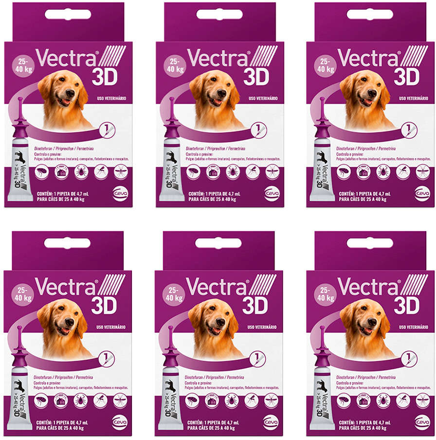 Kit Antipulgas e Carrapatos Ceva Vectra 3D para Cães de 25 a 40Kg 4,7 mL - 6 Caixas (6 Pipetas)