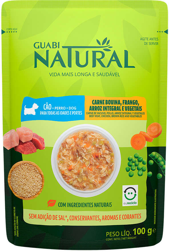 Ração Úmida Guabi Natural Carne, Frango, Arroz Integral e Vegetais para Cães - 100 g - 54 Unidades