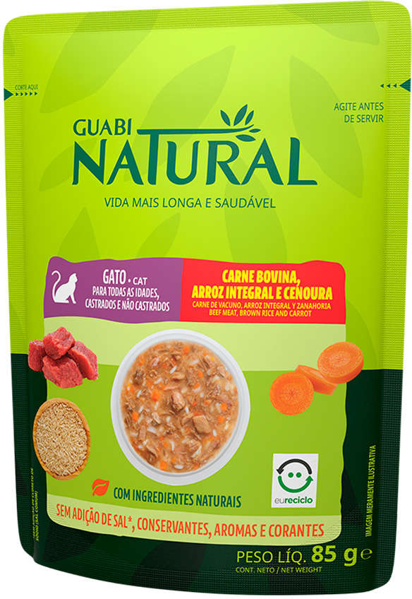 Ração Úmida Guabi Natural Carne, Arroz Integral e Cenoura para Gatos - 85 g - 54 Unidades