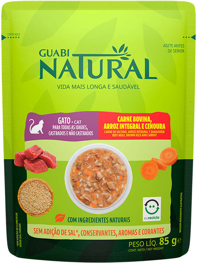 Ração Úmida Guabi Natural Carne, Arroz Integral e Cenoura para Gatos - 85 g - 54 Unidades