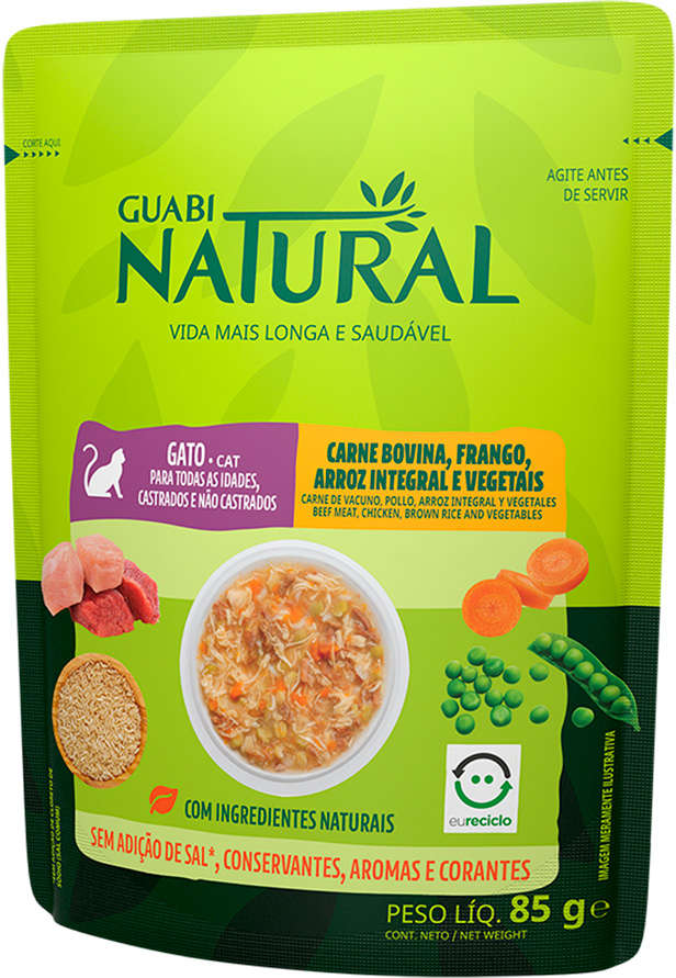 Ração Úmida Guabi Natural Carne, Frango, Arroz Integral e Vegetais para Gatos - 85 g - 54 Unidades