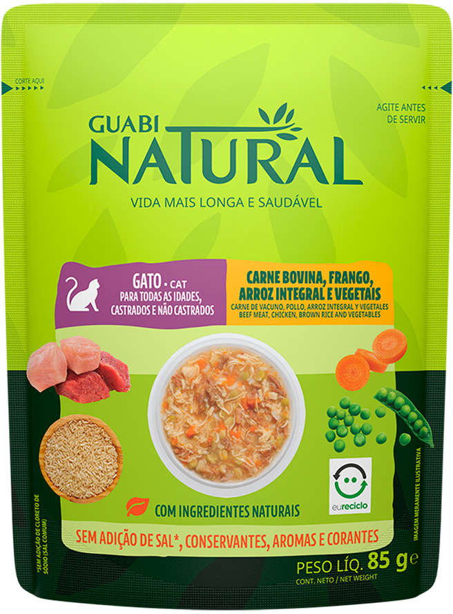 Ração Úmida Guabi Natural Carne, Frango, Arroz Integral e Vegetais para Gatos - 85 g - 54 Unidades