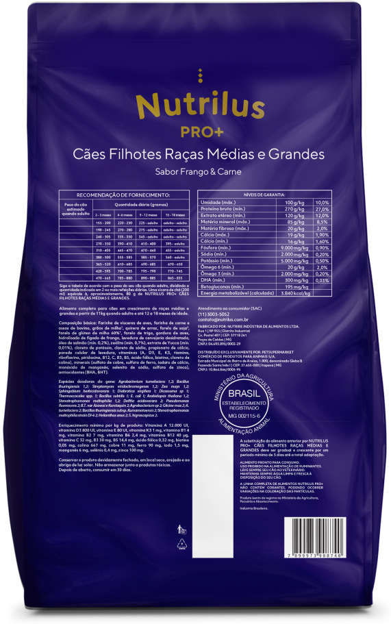Ração Seca Nutrilus Pro+ Frango & Carne para Cães Filhotes de Raças Médias e Grandes - 20Kg