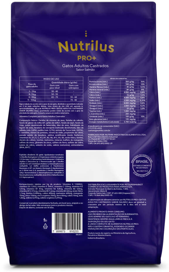 Ração Nutrilus Pro+ Salmão para Gatos Adultos Castrados - 10,1Kg
