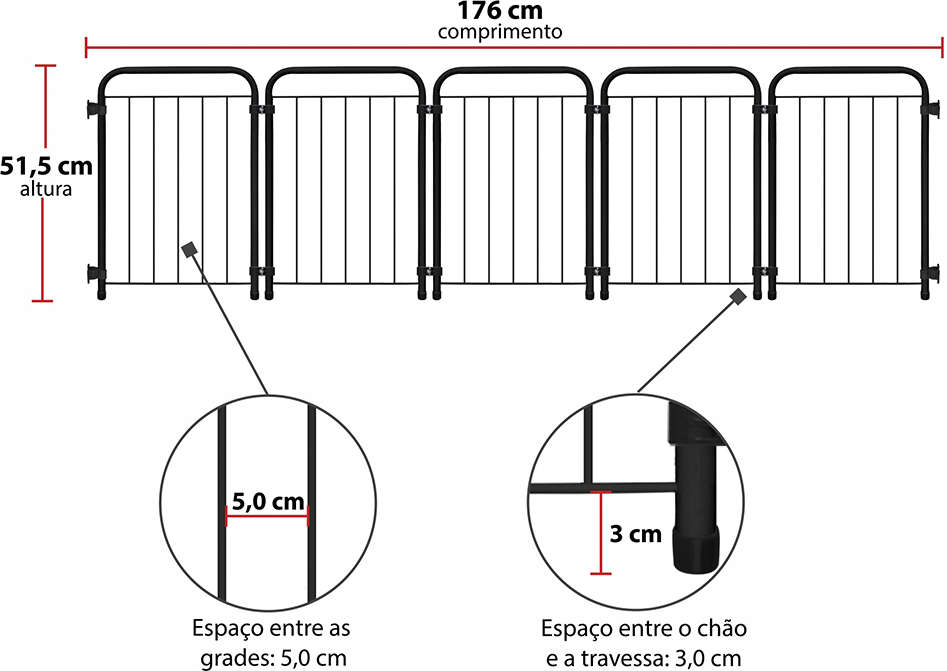 Cercado Portátil Açomix Pet Mix Preto Fosco - 176 cm