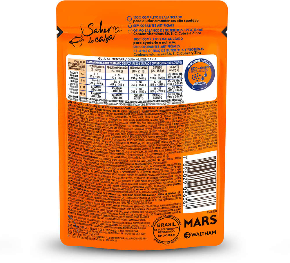 Ração Úmida Champ Sachê Sabor Caseiro Frango para Cães Filhotes - 85 g