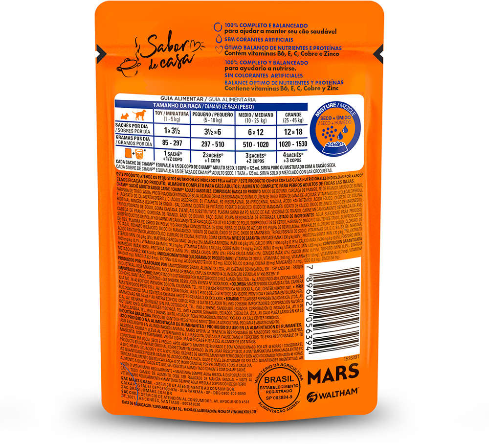 Ração Úmida Champ Sachê Sabor Caseiro Carne para Cães Adultos - 85 g